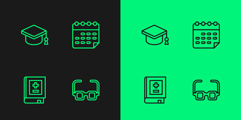 Set line Glasses, Book with mathematics, Graduation cap and School timetable icon. Vector