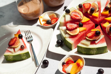 Watermelon slices pieces red ripe berry juicy sweet dessert fruit food  organic eating healthy