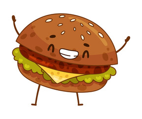 Happy funny smiling burger cartoon character vector illustration
