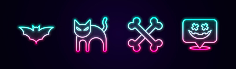 Set line Flying bat, Black cat, Crossed bones and Happy Halloween holiday. Glowing neon icon. Vector