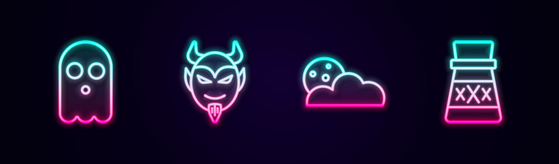 Set line Ghost, Devil head, Moon and stars and Bottle with potion. Glowing neon icon. Vector