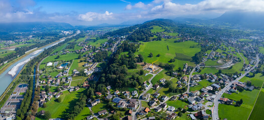 Aerial view of the village Bendern in Liechtenstein on a sunny day in summer.	