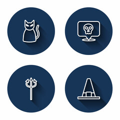 Set line Black cat, Skull, Trident devil and Witch hat with long shadow. Blue circle button. Vector