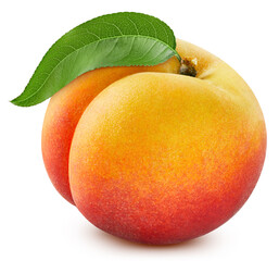 Ripe peach with leaves clipping path. Organic fresh peach isolated on white. Image stack full depth of field macro shot