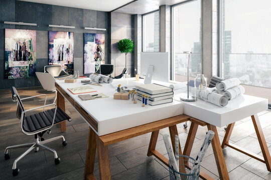 Contemporary Penthouse Office Environment - 3D Visualization