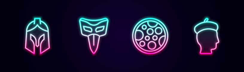 Set line Roman army helmet, Carnival mask, Pizza and French. Glowing neon icon. Vector