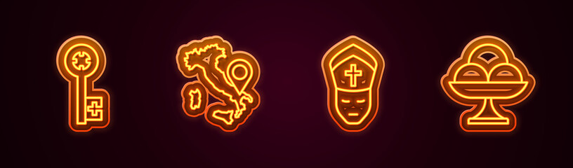 Set line Old key, Map of Italy, Pope and Ice cream in the bowl. Glowing neon icon. Vector