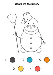 Color cute cartoon snowman by numbers. Worksheet for kids.