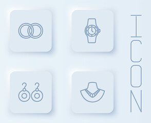 Set line Wedding rings, Wrist watch, Earrings and Necklace on mannequin. White square button. Vector
