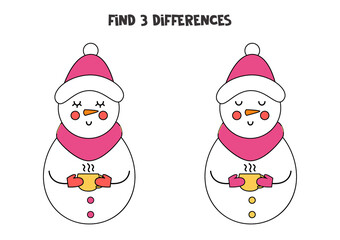 Find three differences between two cartoon snowmen.