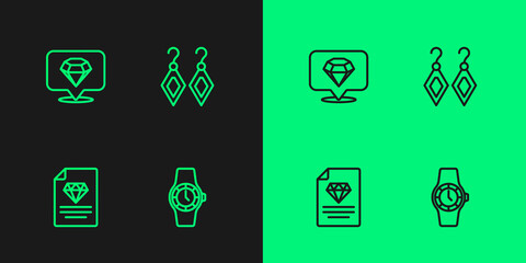 Set line Wrist watch, Certificate of the diamond, Diamond and Earrings icon. Vector