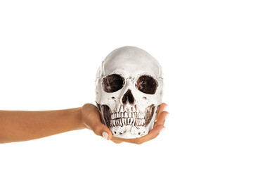 Female hand with human skull on white background