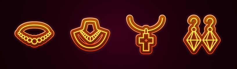 Obraz premium Set line Pearl necklace, Necklace on mannequin, Christian cross chain and Earrings. Glowing neon icon. Vector