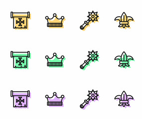 Set line Mace with spikes, Crusade, King crown and Fleur lys or lily flower icon. Vector