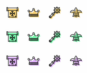 Obraz premium Set line Mace with spikes, Crusade, King crown and Fleur lys or lily flower icon. Vector