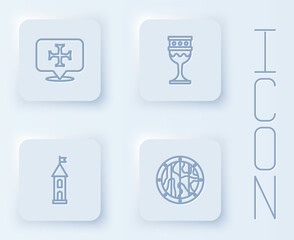 Set line Crusade, Medieval goblet, Castle tower and Round wooden shield. White square button. Vector