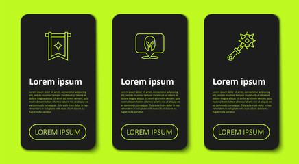 Set line Medieval flag, helmet and Mace with spikes. Business infographic template. Vector