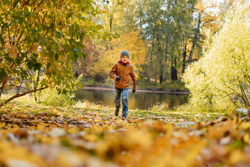 Fototapeta premium cute boy wearing leather kacket run in autumn park on sunny october day. Trees with yellow leaves around him