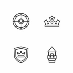 Set line Castle tower, Shield with crown, Round shield and King icon. Vector