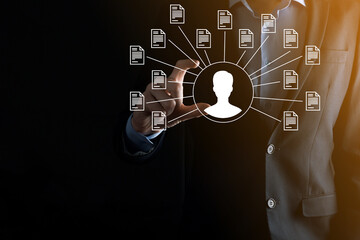 Document Management System DMS .Businessman hold user and document icon.Software for archiving, searching and managing corporate files and information.Internet Technology Concept.Digital security.