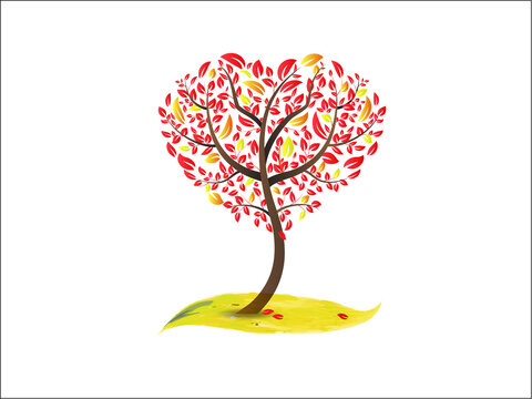 Family tree watercolor fall autumn season logo  love heart shape tree of life symbol icon vector image