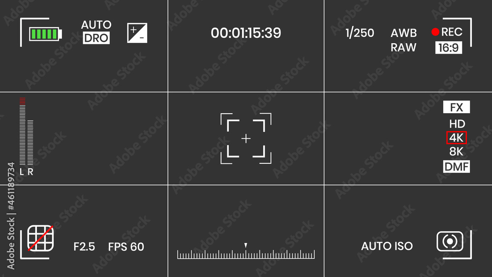 Wall mural Camera viewfinder video or photo frame recorder flat style design vector illustration. Digital camera viewfinder with exposure settings and focusing grid template.