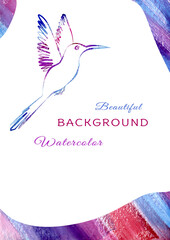 Artistic Watercolor multicolor Background with bird in the style of line art wedding theme for text. Watercolour greeting card with doodle and scribble colorful silhouette hummingbird with spread