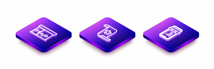 Set Isometric line Market store, Paper check and financial check and Online shopping on phone icon. Vector