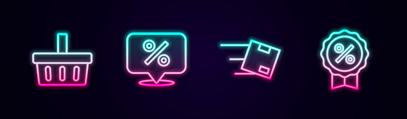 Set line Shopping basket, Discount percent tag, Location with cardboard box and . Glowing neon icon. Vector