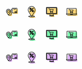 Set line Shopping cart on monitor, Location with cardboard box, percent and screen laptop icon. Vector