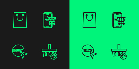 Set line Add to Shopping basket, Buy button, Paper shopping bag and Mobile with cart icon. Vector