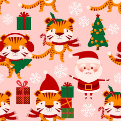 Obraz na płótnie Canvas Seamless pattern with Santa Claus, tiger, gift box, Christmas tree. 2022 seamless holiday background. New year design. 2022 year of the tiger. Seamless pattern with Christmas symbols