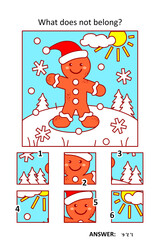 Visual puzzle with picture fragments. Cheerful gingerbread man walking in sunny day. What does not belong?
