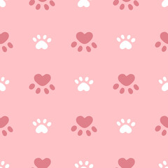 Pink and white cat or dog seamless pattern. Meow and cat paws background vector illustration. Cute cartoon pastel character for nursery girl baby print.