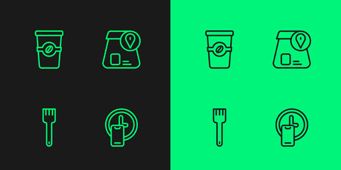 Set line Round the clock delivery, Fork, Coffee cup to go and Online ordering food icon. Vector