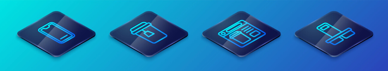 Set Isometric line Online ordering food, Food on mobile, Coffee cup to go and Cup tea icon. Vector