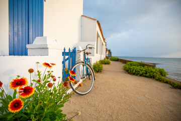 Paysage de bord de mer en France, villa et vieux vélo sur l'île de Noirmoutier, en Vendée. - obrazy, fototapety, plakaty