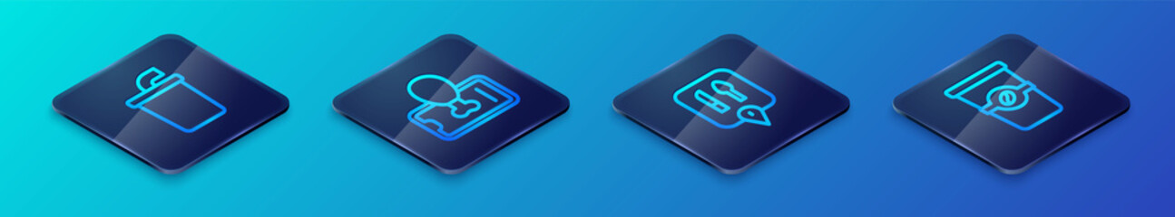 Set Isometric line Cafe and restaurant location, Paper glass with water, Coffee cup to go and Food ordering mobile icon. Vector