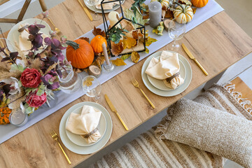 Beautiful table setting for Thanksgiving Day dinner at home, top view