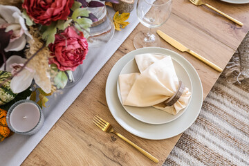 Beautiful table setting for Thanksgiving Day dinner at home, top view
