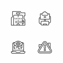 Set line Exclamation mark in triangle, Computer vision, Futuristic sliding doors and Cloud database icon. Vector