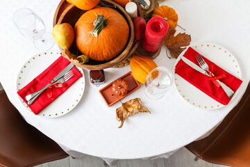 Beautiful table setting for Thanksgiving Day dinner at home, top view