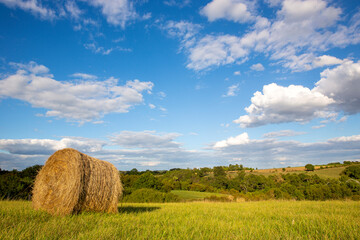 Paysage de campagne, meule de foin dans les champs en &eacute;t&eacute;.