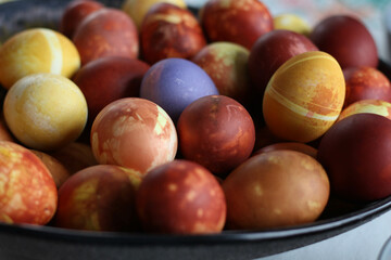 Spring season concept. Mix of colorful easter eggs with the traditional designs. Spring 