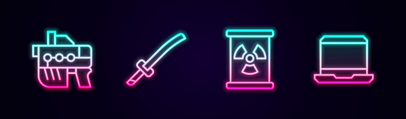 Set line Futuristic weapon, Katana, Radioactive waste in barrel and Laptop. Glowing neon icon. Vector