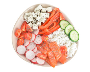 Tasty poke bowl on white background