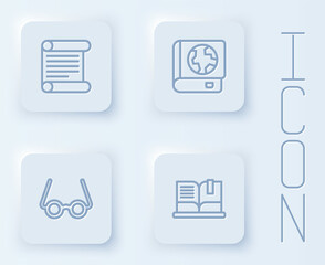 Set line Decree, parchment, scroll, Earth globe and book, Glasses and Open. White square button. Vector