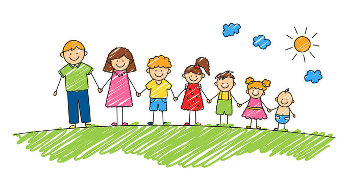 Happy doodle stick mans family in summer park. Hand drawn family members. Mother, father and kids holding hands. Vector color illustration isolated in doodle style on white background.