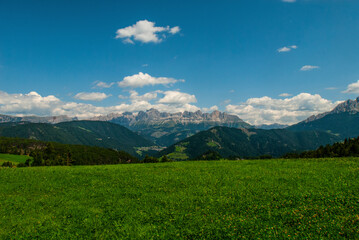 Fototapeta na wymiar Panoramic landscape of Val d Ega, Eggen valley, summer 2021, South Tyrol, Italy, Europe