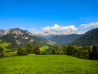 Fototapeta na wymiar Panoramic landscape of Val d Ega, Eggen valley, summer 2021, South Tyrol, Italy, Europe